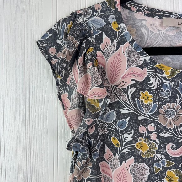 Loft Blouse Short Sleeve Floral print size‎ medium Gray Pink - Picture 2 of 6